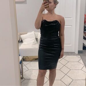 House of CB Dress Bodycon Midi Sweetheart Neck Strapless in Faux Leather Black